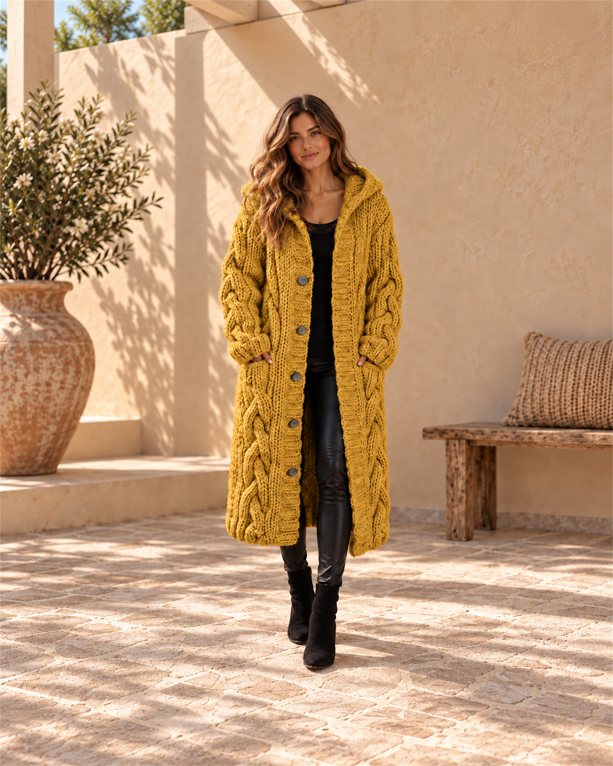 Abrigo Largo de Punto Trenzado con Capucha — Amarillo | Viltura