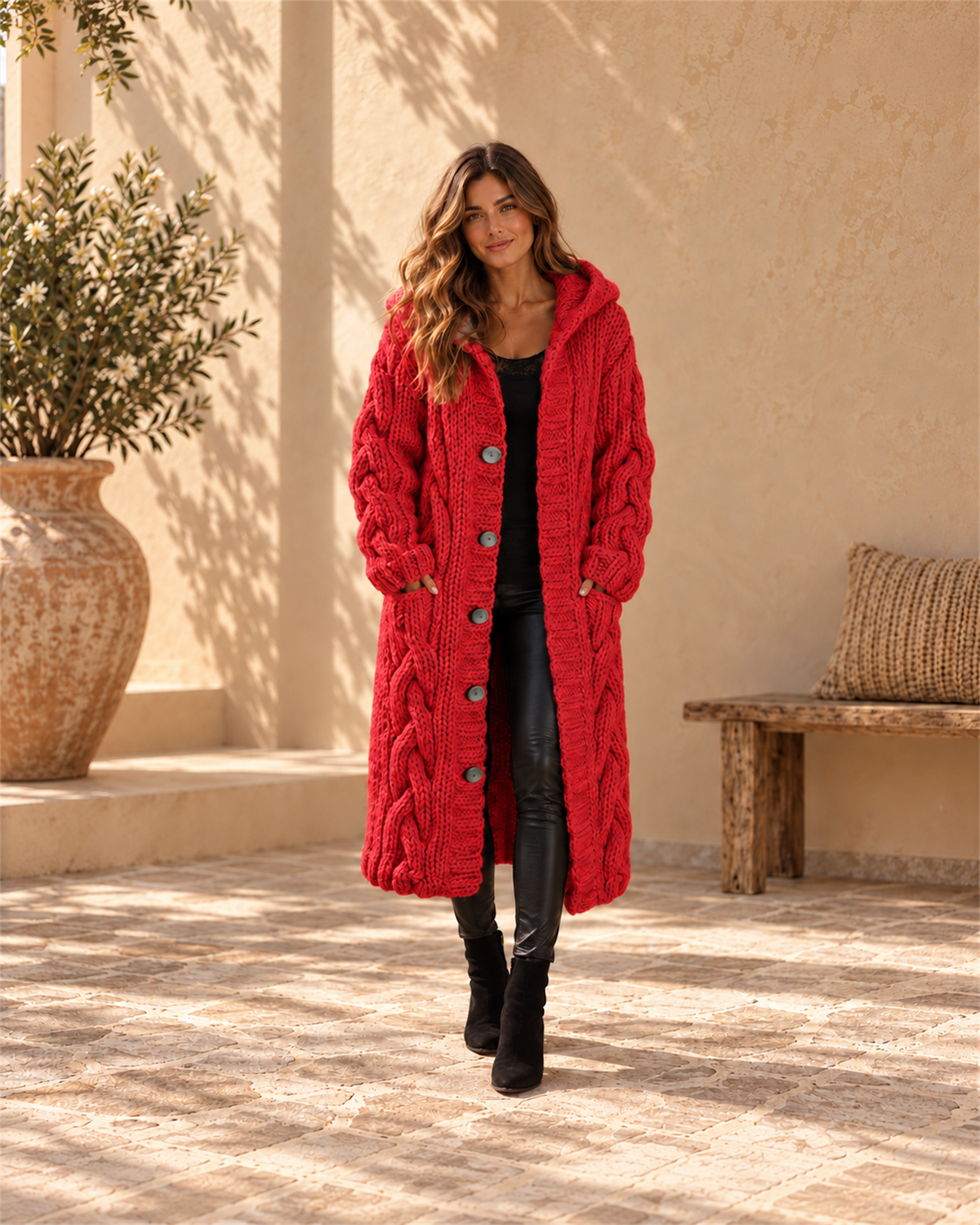 Abrigo Largo de Punto Trenzado con Capucha — Rojo | Viltura