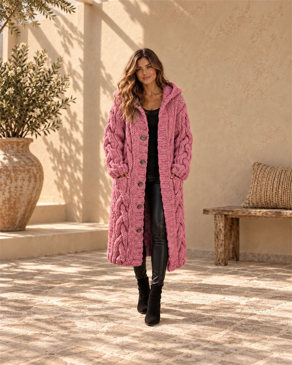 Abrigo Largo de Punto Trenzado con Capucha — Rosa | Viltura