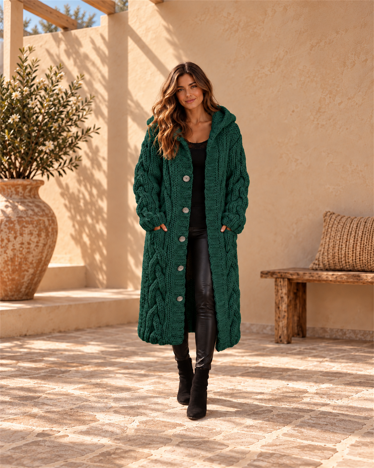 Abrigo Largo de Punto Trenzado con Capucha — Verde | Viltura