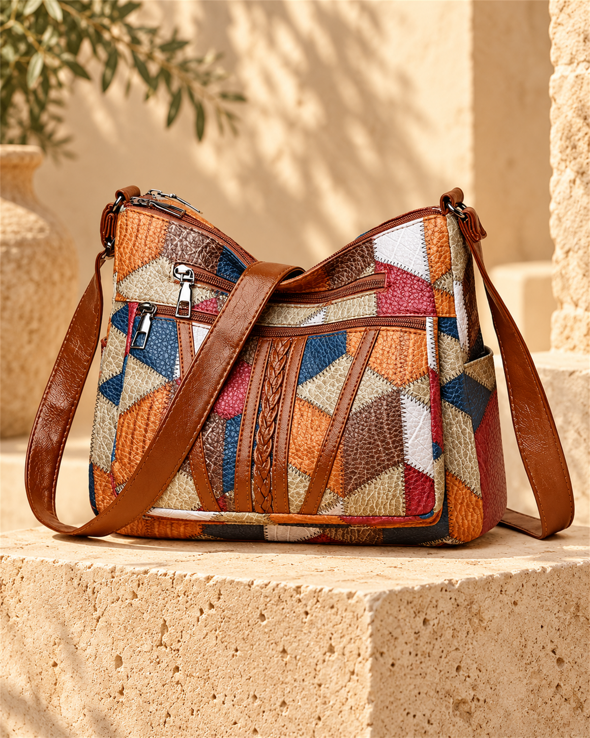 Bolso Bandolera Patchwork Multicolor — con la correa recogida | Viltura