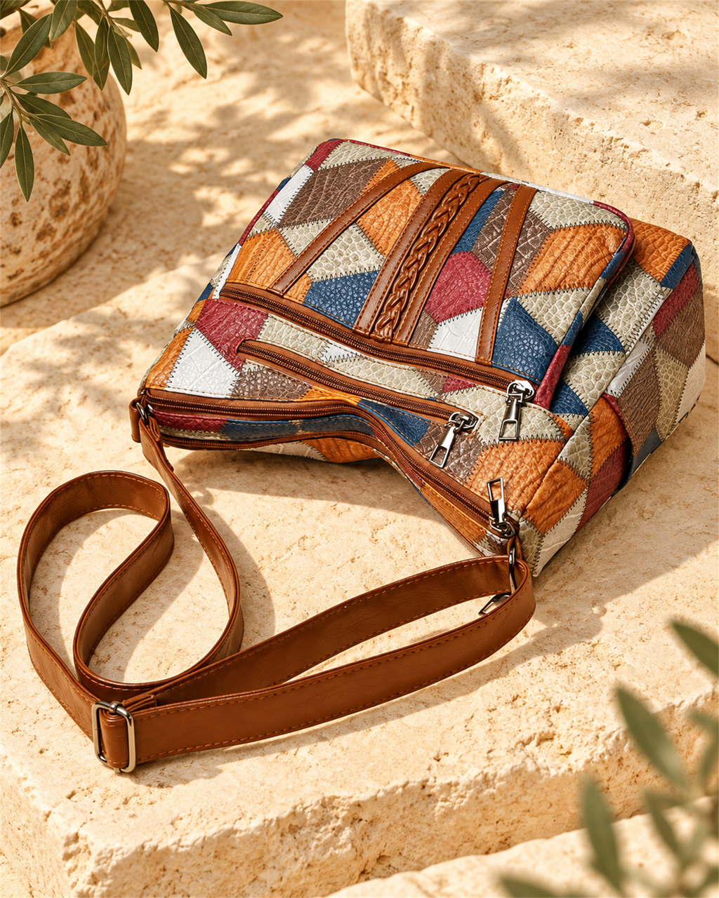 Bolso Bandolera Patchwork Multicolor — tumbado, vista superior | Viltura