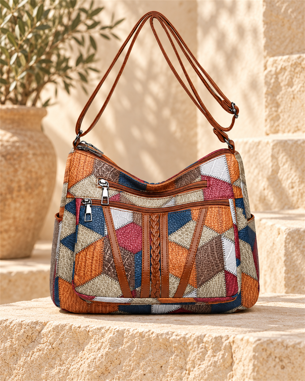Bolso Bandolera Patchwork Multicolor — vista frontal con correa | Viltura