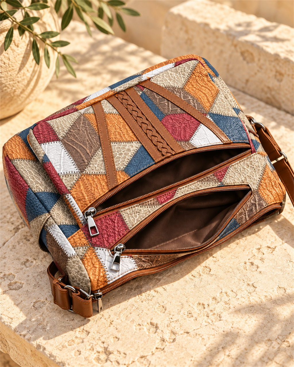 Bolso Bandolera Patchwork Multicolor — bolsillos exteriores abiertos | Viltura