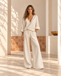 Conjunto Top Escote V y Pantalón Ancho — Beige | Viltura