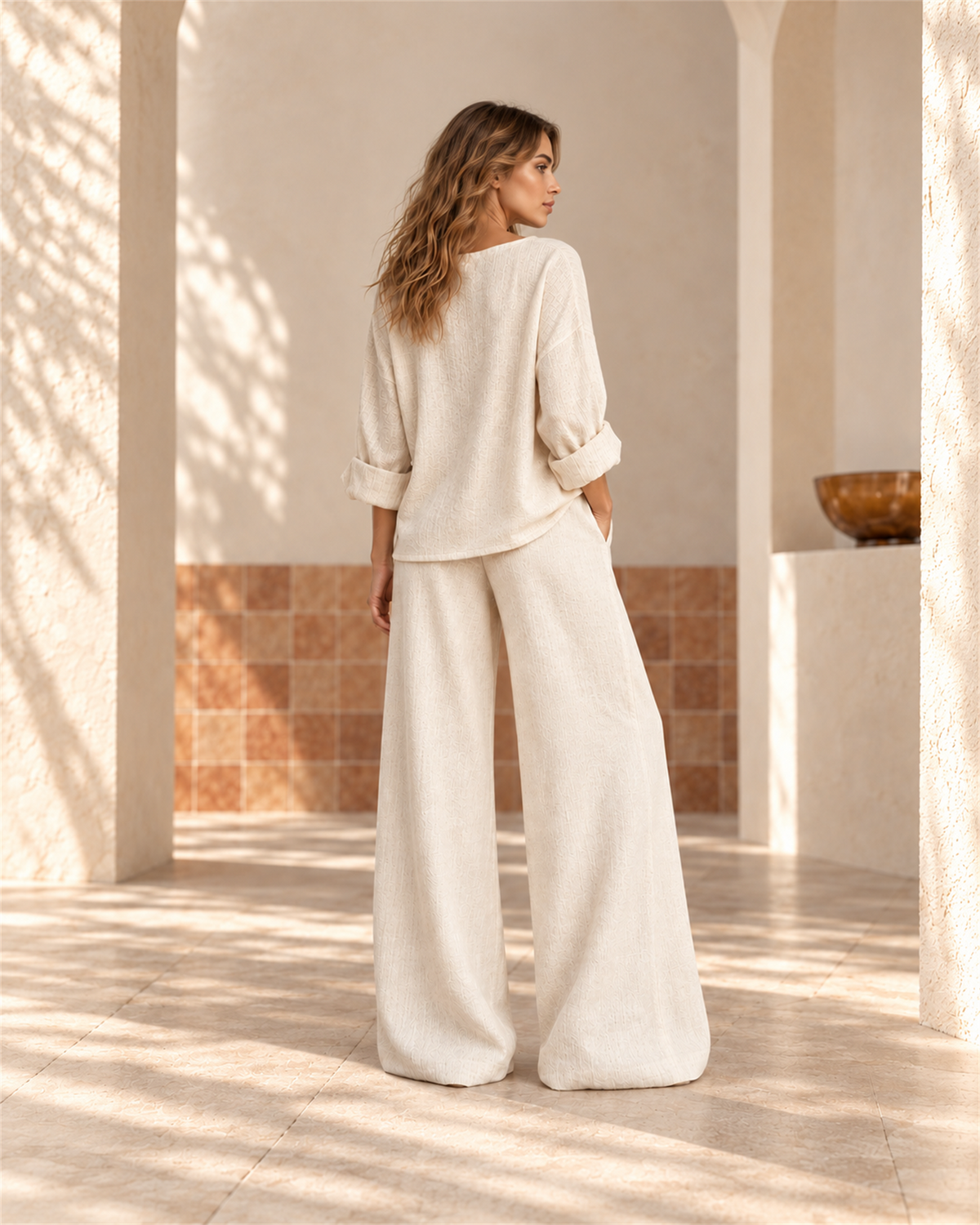 Conjunto Top Escote V y Pantalón Ancho — Beige, vista trasera hover | Viltura