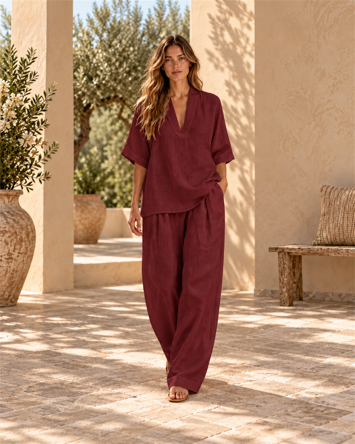 Conjunto top escote V y pantalón ancho burdeos - vista frontal