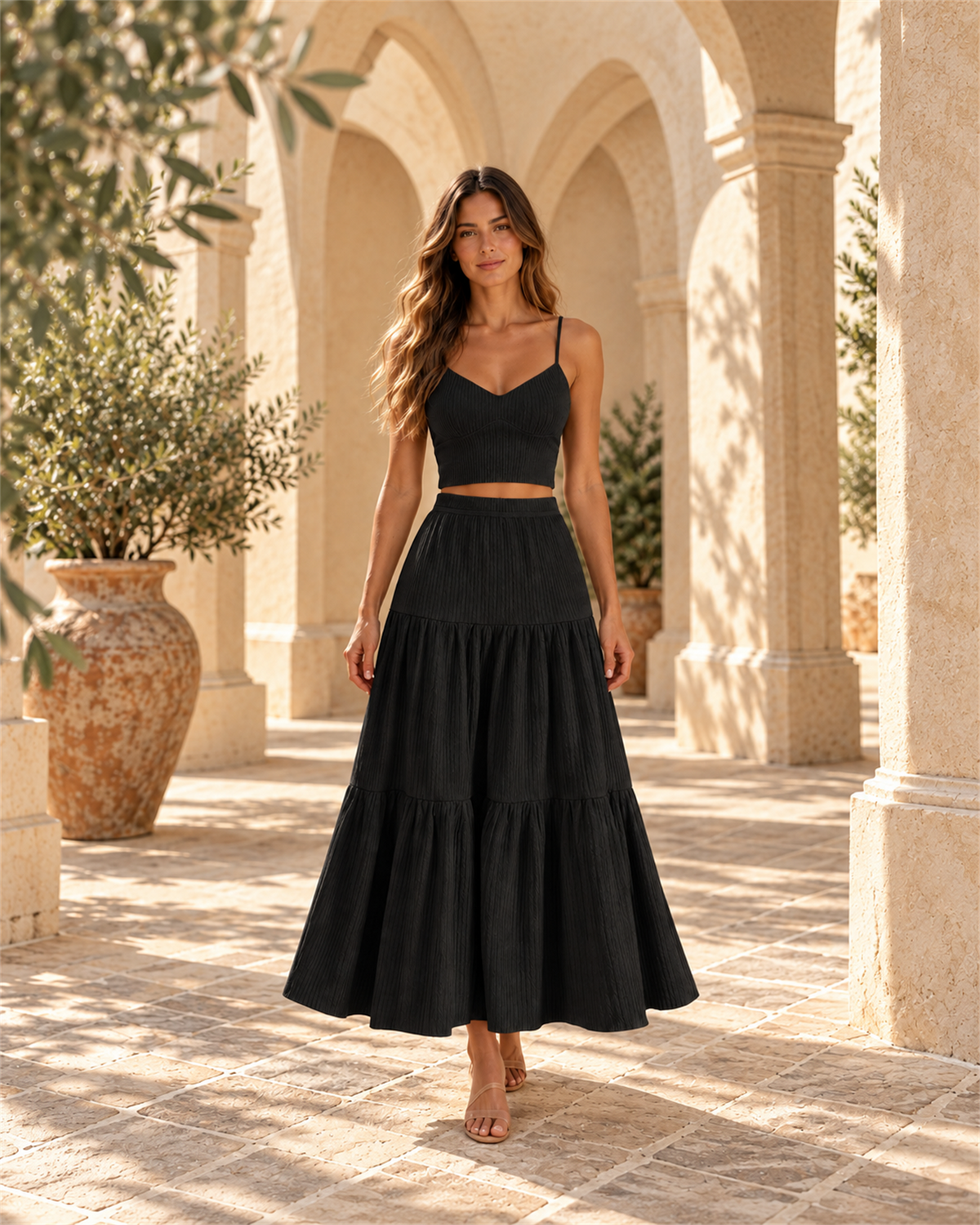 Conjunto top y falda línea A negro - vista frontal