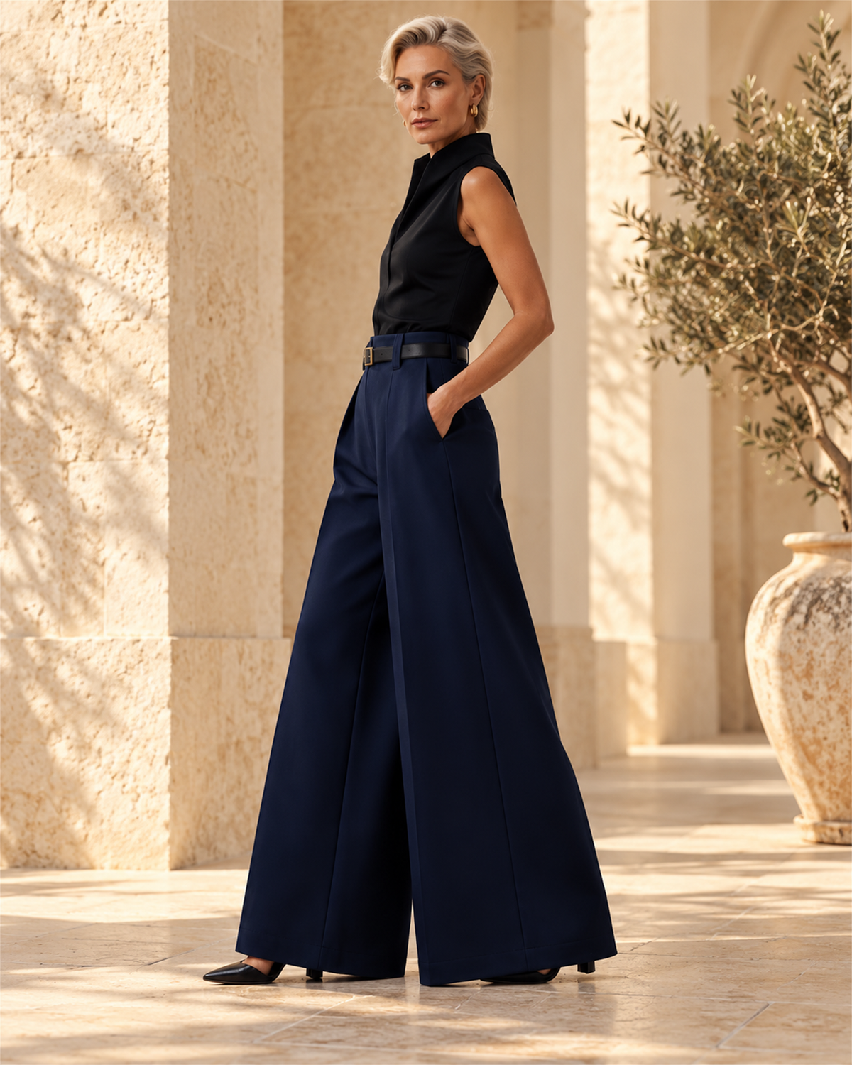 Pantalón Ancho de Tiro Alto con Pinzas — Azul marino, look con blusa | Viltura