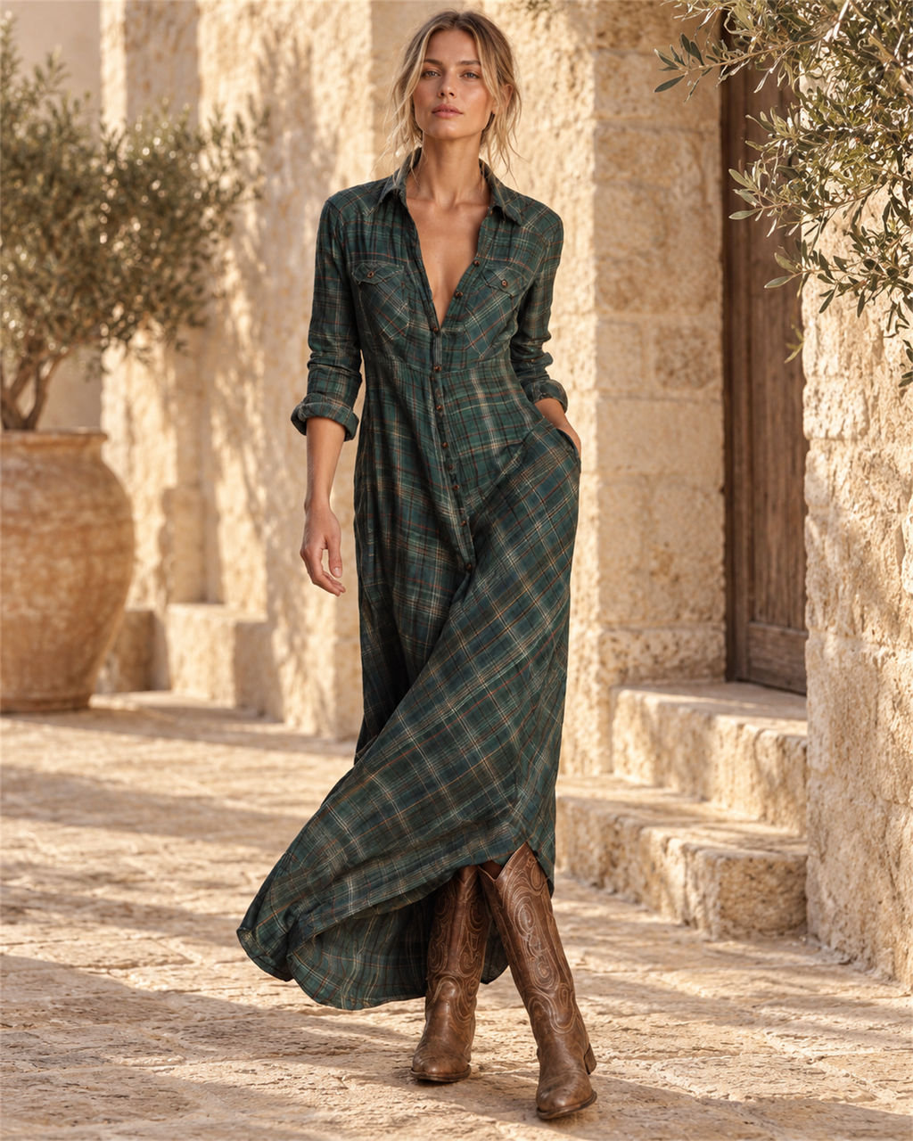 Vestido Camisero de Cuadros Largo — Verde oscuro | Viltura