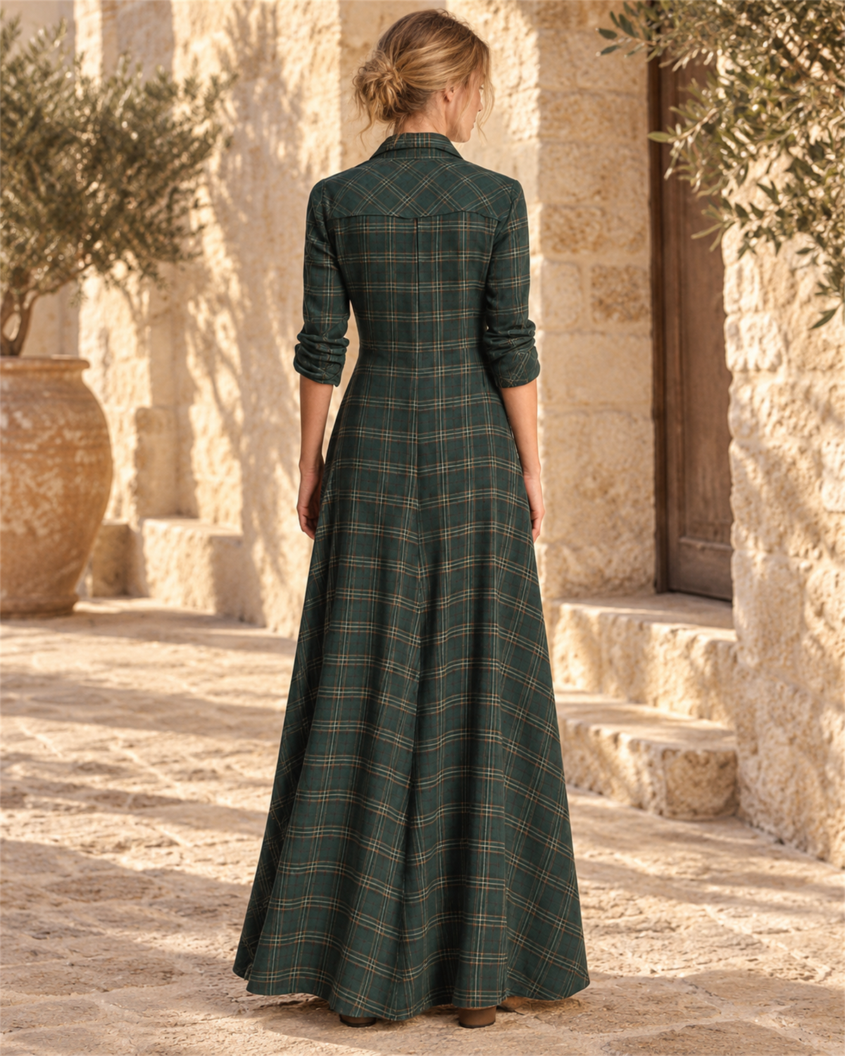 Vestido Camisero de Cuadros Largo — Verde oscuro, nueva vista trasera | Viltura