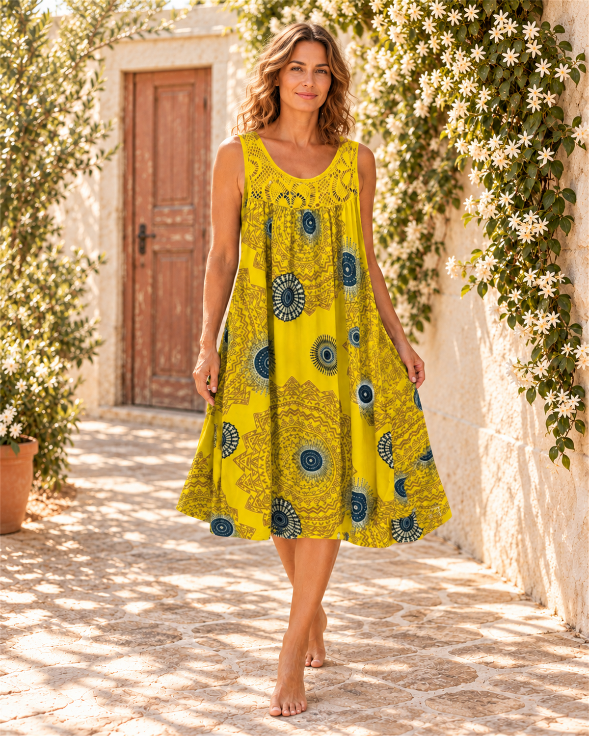 Vestido Corto Estampado Sin Mangas — Amarillo | Viltura