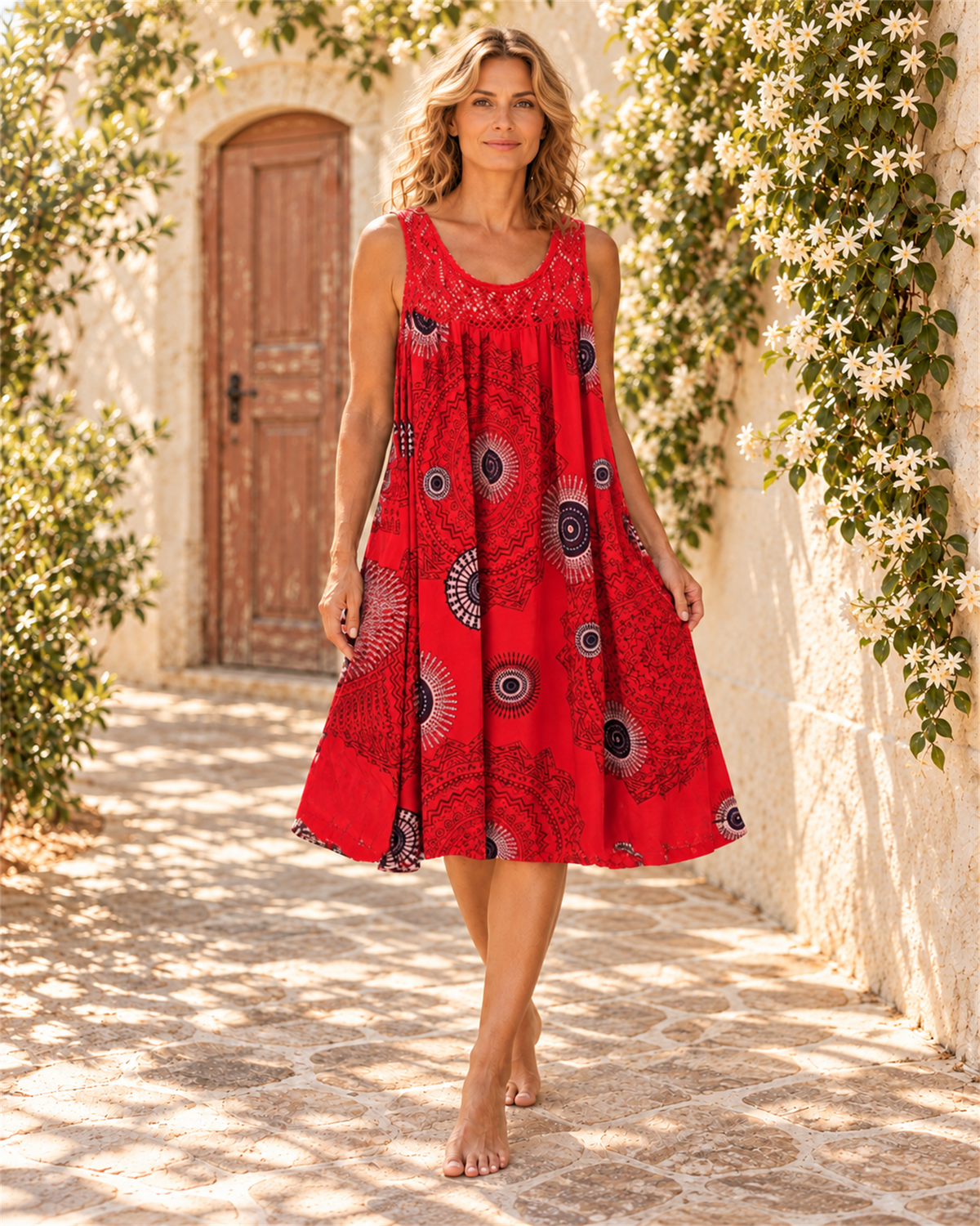 Vestido Corto Estampado Sin Mangas — Rojo | Viltura