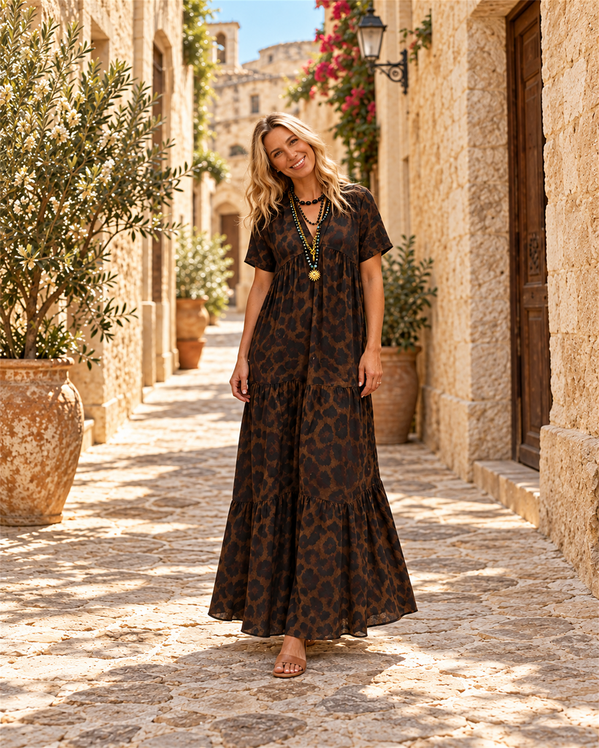 Vestido Maxi Animal Print con Collar — Leopardo | Viltura