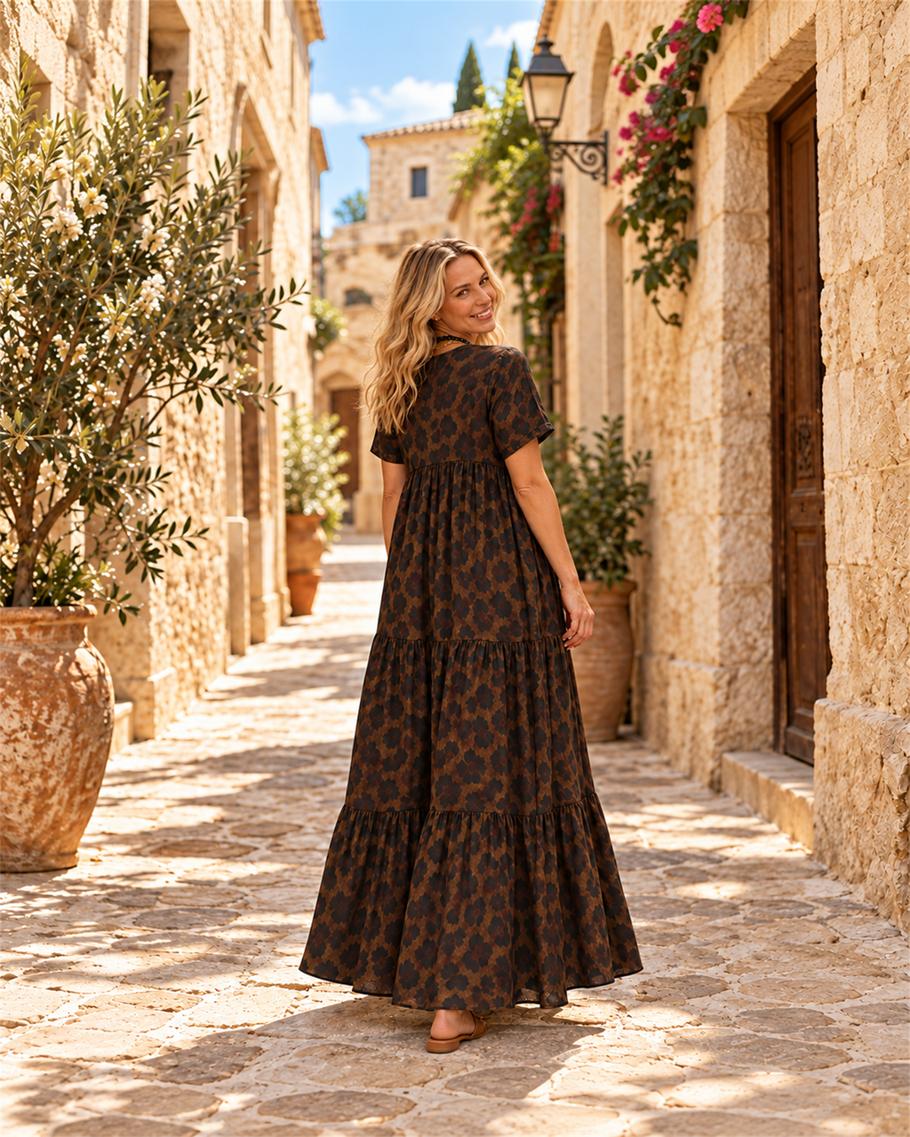 Vestido Maxi Animal Print con Collar — Leopardo, vista trasera hover | Viltura