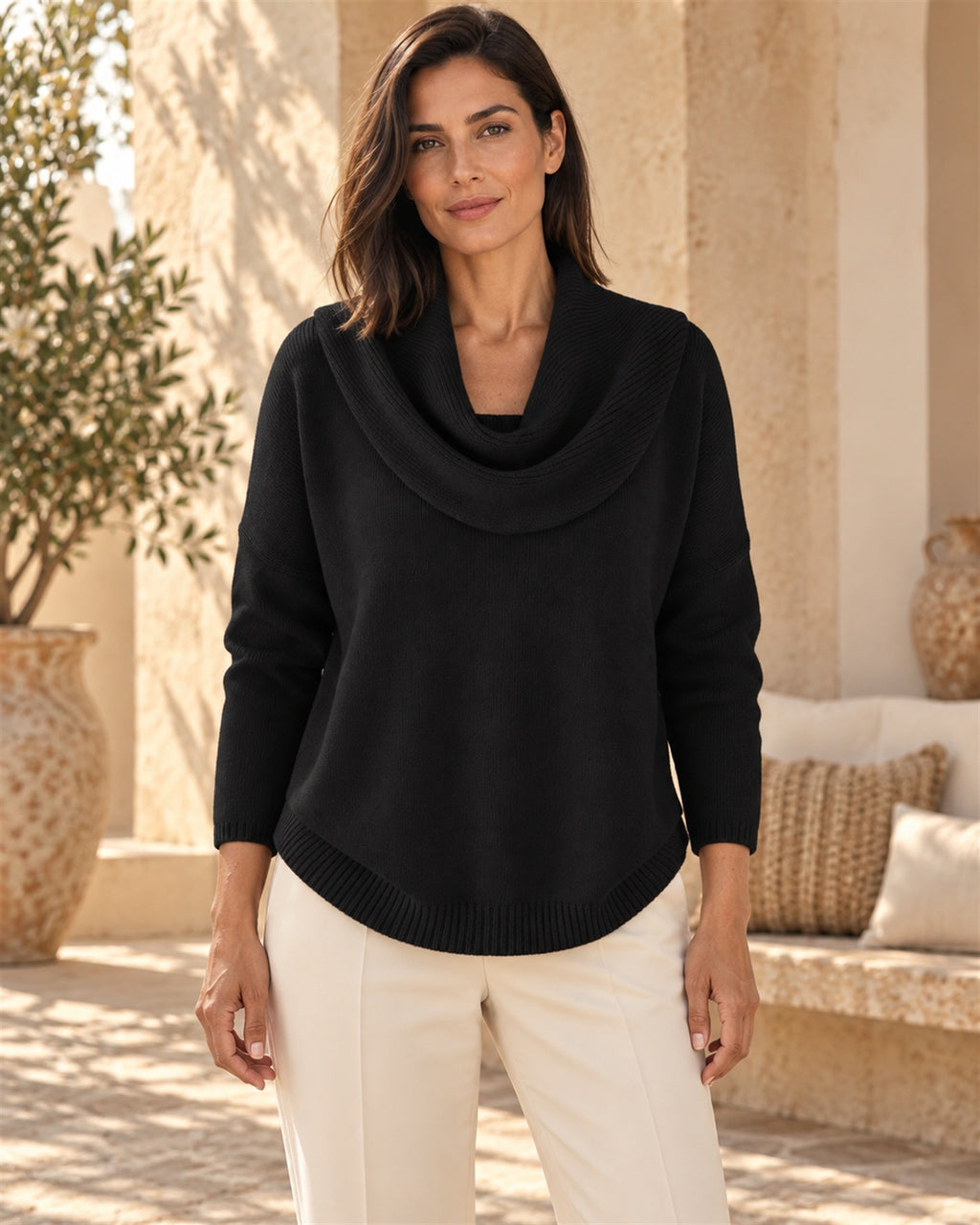 Jersey de Punto con Cuello Drapeado - Negro - vista frontal