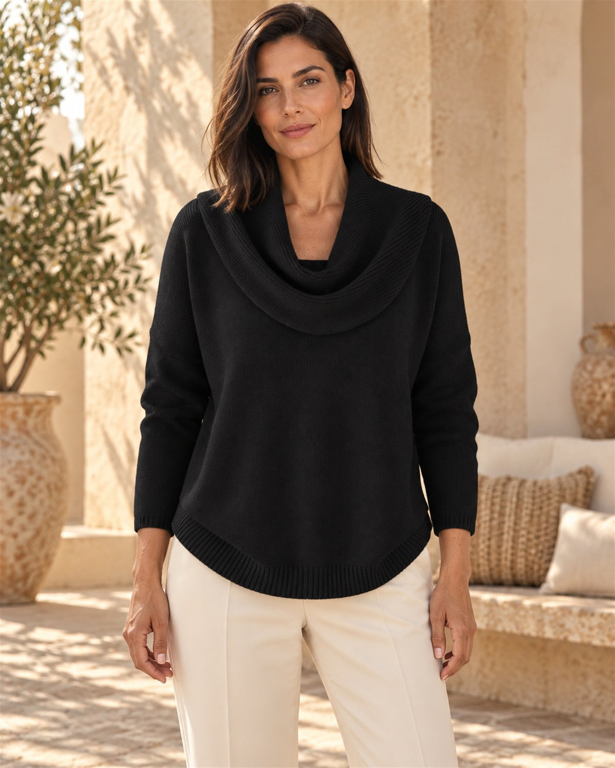 Jersey de Punto con Cuello Drapeado - Negro - vista frontal