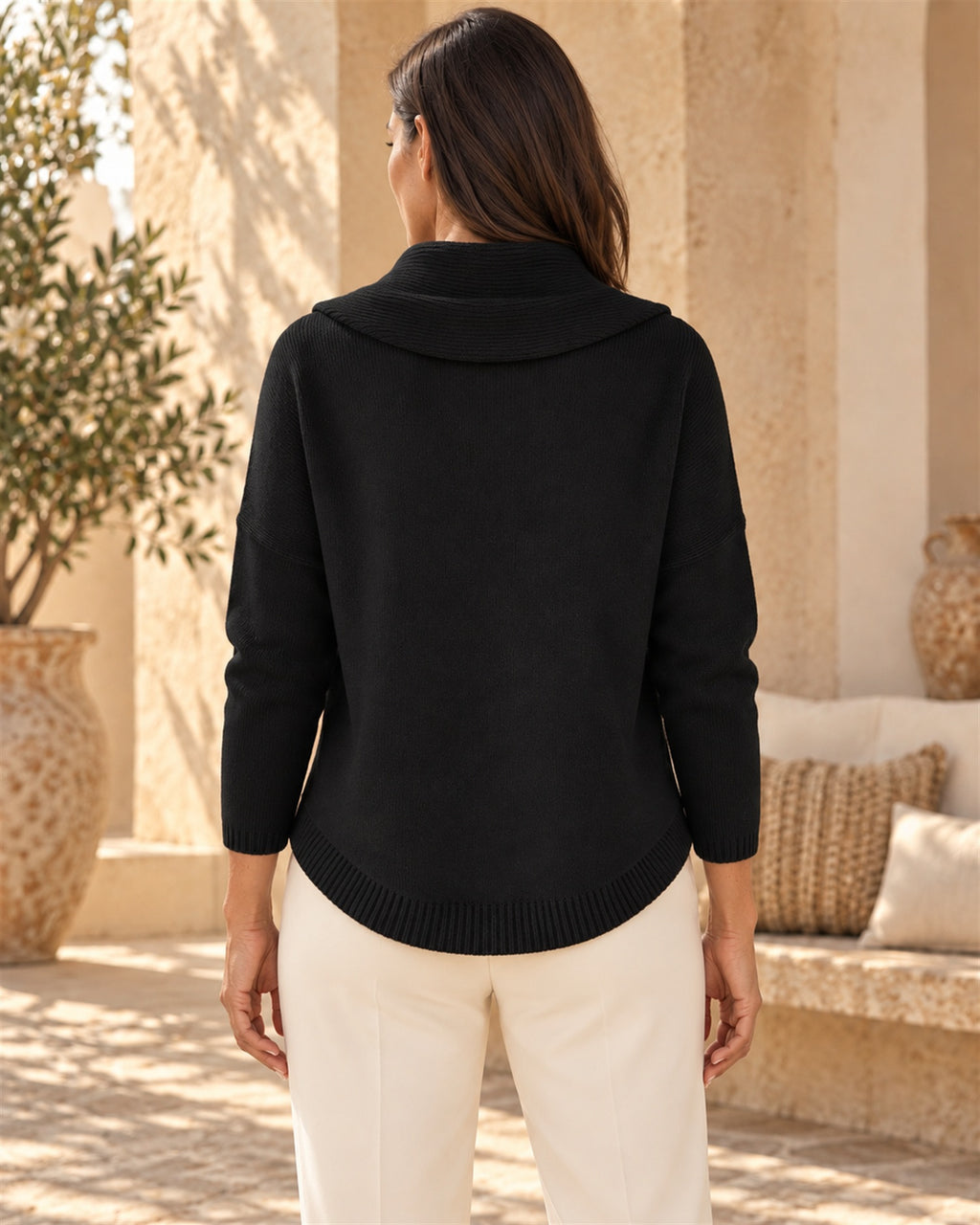 Jersey de Punto con Cuello Drapeado - Negro - vista trasera